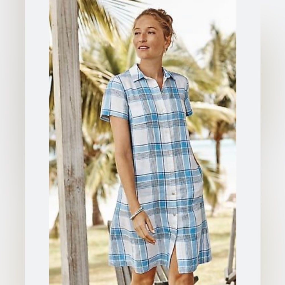 J. Jill Love Linen‎ Plaid Full Button Up Shift Dress, Size Small